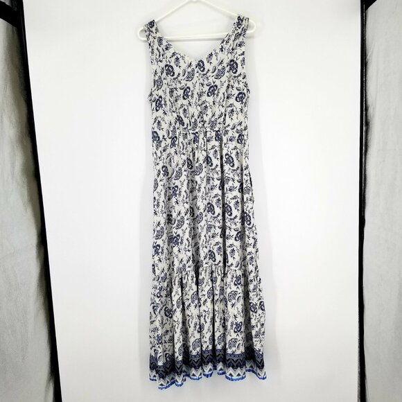 Sleeveless V-Neck Flowy Maxi Dress - Beachy, Cottagecore Blue/White Pattern - Picture 5 of 8